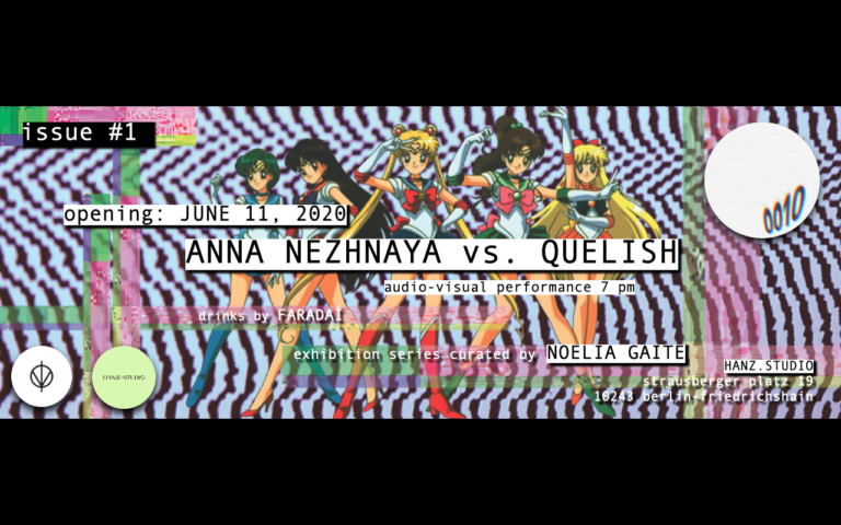 invitation flyer to the exhibition by 0010 with anna nezhnaya and quelish in berlin. contemporary art, neon art, performance art, digital art.