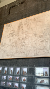 Big mural sketch by Diego Rivera in the upstairs hall of the Anahuacalli Museum (starring Frida Kahlo)