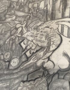 Large-scale graphite drawing "Poltergeist y mi mejor amiga”, 2024 (detail) by Paloma Contreras Lomas in the upstairs hall of the Anahuacalli museum