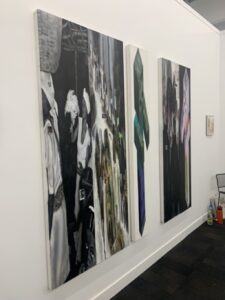 Caroline Douville's paintings from her series "Ghostly archives" exhibited at Nicolas Robert's booth at Material art fair