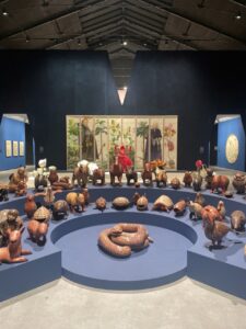 Installation view of the main exhibition in the Giardini. Works by Célia Vásquez Yui in the front and Maria Magdalena Campos-Pons in the back.