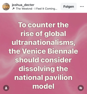 Post by art critic Joshua Decter on Instagram, from April 28, 2026.